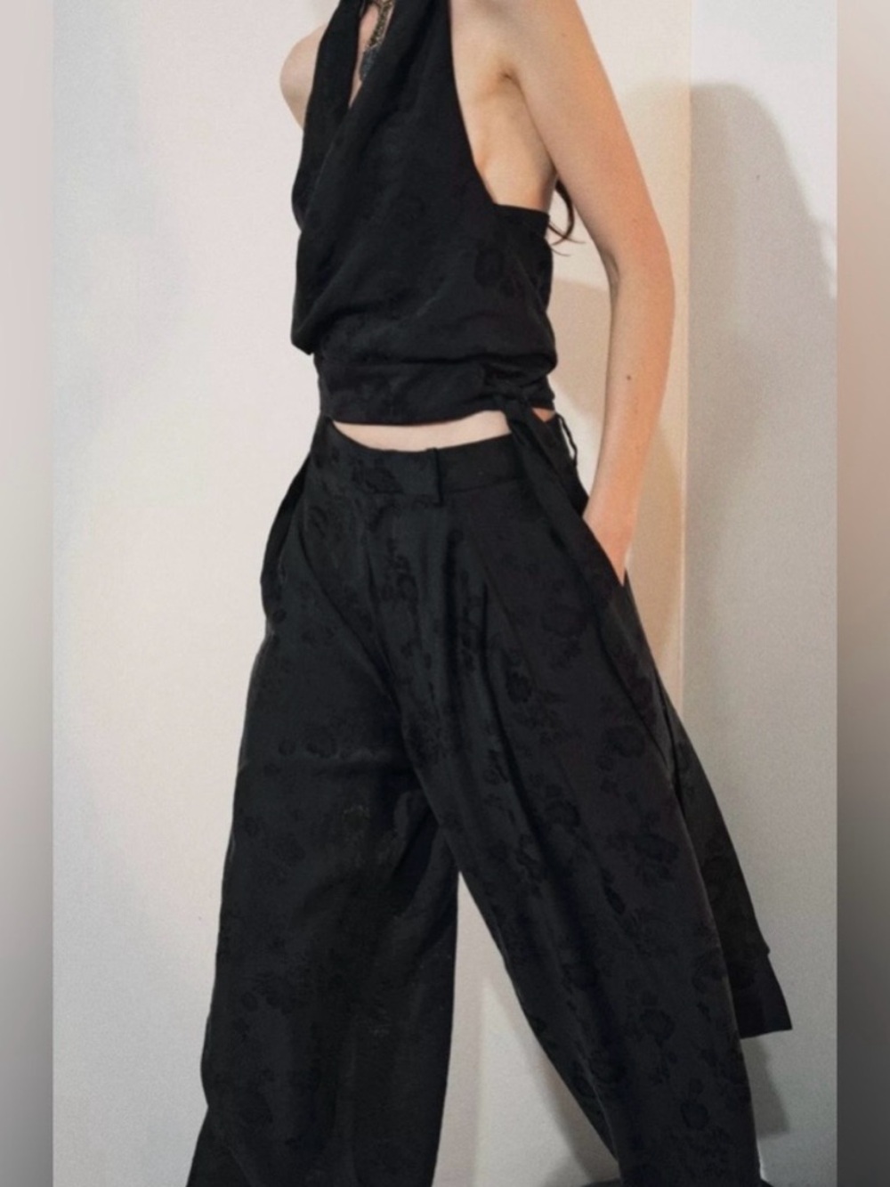 NWT Zara ZW collection black floral jacquard halter top in size small